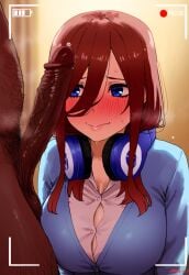 1boy 1boy1girl 1girl ai_generated cheating cheating_girlfriend dark-skinned_male embarrassed fat_man female full_face_blush go-toubun_no_hanayome heavy_breathing interracial large_breasts large_penis lips looking_at_penis male_pubic_hair nakano_miku netorare penis_awe precum recording straight testicles waroffree