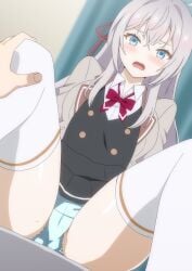 alisa_mikhailovna_kujou blue_eyes blush footwear hair_between_eyes hair_ornament hara_(harayutaka) kuze_masachika long_hair miniskirt open_mouth panties school_uniform schoolgirl tokidoki_bosotto_russian_de_dereru_tonari_no_alya-san underwear white_hair white_legwear white_stockings