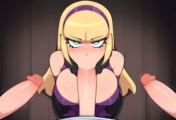 1girls 3boys ai_generated big_breasts blonde_female blonde_hair blowjob blush breasts disney disney_channel fellatio female gravity_falls group looking_at_viewer mullon multiple_boys novelai oral pacifica_northwest penis purple_eyes