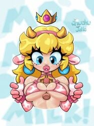 1girls big_breasts bikini_top blonde_hair blue_eyes boobjob breasts chuchu_jello cow_girl cow_horns cow_print female floating_penis horns lipstick long_hair mario_(series) nintendo penis penis_between_breasts princess_peach super_mario_bros.