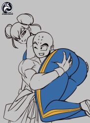 1boy 1girls alternate_ass_size alternate_breast_size artdefox asian asian_female ass ass_grab bald bald_man big_ass big_breasts breasts capcom chun-li crossover double_bun dragon_ball dragon_ball_z female grin hair_bun krillin kuririn male one_eye_closed over_shoulder over_shoulder_carry smile straight street_fighter wink