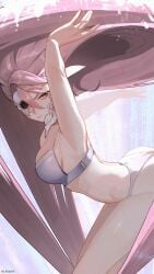 1girls acrobatic_silky_(dandadan) arm_up armpits chilakkk dandadan eyeshadow female long_hair mask masked masked_female pink_hair purple_underwear red_eyes shiratori_aira_(acrobatic_silky) shiratori_aira_(dandadan) solo solo_female underwear