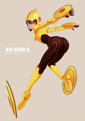 1girls arched_back armor asian ass big_ass big_hero_6 bodysuit brown_eyes clothed disney female female_only from_behind gogo_tomago headgear helmet leaf98k looking_at_viewer looking_back marvel simple_background skin_tight smile solo