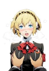 aegis_(persona) ai_generated aigis_(persona) blonde_hair blue_eyes cum_on_face grabbing_breasts hand_on_breast persona persona_3 shocked_expression