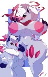 anthro areola big_breasts blush breasts duo female generation_8_pokemon genitals hand_on_hip hi_res hisuian_form hisuian_zoroark hisuian_zorua huge_breasts nintendo nipples orange_eyes pokemon pokemon_(species) princedragonsfw pussy regional_form_(pokemon) thick_thighs zoroark zorua