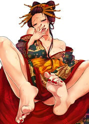 barefoot feet hair_ornament japanese_clothes nail_polish nihongami oiran sweat toenail_polish toes