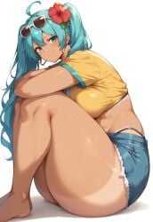 ai_generated bare_legs big_breasts blue_eyes blue_hair brazil brazilian brazilian_female brazilian_miku earrings flower_in_hair hatsune_miku huge_breasts huge_thighs large_breasts long_hair looking_at_viewer short_shorts smiling solo_female squatting sunglasses sunglasses_on_head sweat sweatdrop t-shirt t2d@ai tan-skinned_female tan_body tanned_female tanned_skin thick_body thick_female thick_thighs thighs thighs_bigger_than_head twintails very_long_hair vocaloid voluptuous voluptuous_female