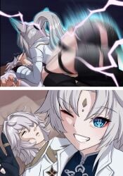 1boy 1girls 2024 2koma afterimage animal_ear_fluff animal_ears ass comic cowgirl_position exhausted feixiao_(honkai:_star_rail) female forehead_jewel fox_ears gloves grin guy_tired_after_sex_(meme) hair_over_one_eye hi_res high_ponytail honkai:_star_rail honkai_(series) jewelry jing_yuan long_hair looking_at_viewer luizhtx meme motion_blur motion_lines parted_bangs ponytail sex smile speed_lines straight sunken_cheeks super_speed white_hair