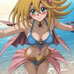 ai_generated beach bikini blonde_hair blush breasts cape dark_magician_girl green_eyes mage_hat swimsuit yu-gi-oh!