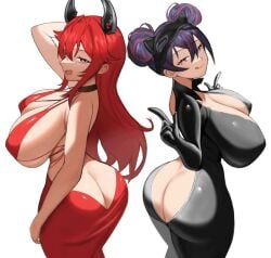 2girls ass black_hair bodysuit butt_crack catsuit center_opening cleavage dress goddess_of_victory:_nikke horny_female huge_ass ieugama looking_at_viewer lustrnquency_(escape_queen)_(nikke) open_bodysuit open_clothes quency_(nikke) red_hair red_hood_(nikke) smile unzipped unzipped_bodysuit