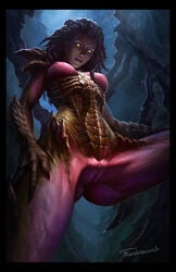 1girls areolae breasts dreadlocks erect_nipples female female_only implied_cunnilingus monster_girl nipples nude pussy sarah_kerrigan solo standing starcraft tarakanovich yellow_eyes