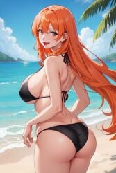 1girls ai_generated amanda_(tdm) anime_nose anime_style ass back back_view backside beach beach_background big_breasts bikini black_bikini brazilian female_only lipstick looking_back looking_back_at_viewer orange_hair red_hair red_lipstick redhead sand smile_at_viewer smiley_face smiling smiling_at_viewer solo_female turma_da_monica turma_da_monica_jovem water