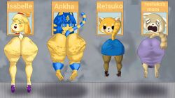 2d animal_crossing ankha ankha_(animal_crossing) anthro cellulite doubutsu_no_mori feline female high_heels hole_in_wall isabelle_(animal_crossing) loose_clothes loose_pussy nairu_(doubutsu_no_mori) nintendo ongio picture_frame platform_heels retsuko retsuko's_mother scared scared_expression screaming shorts skirt stretch_marks stretched_anus stretched_pussy stuck_in_wall through_wall