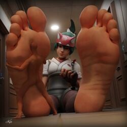 1boy 1girl 3d 3d_(artwork) asian_female barefoot big_feet blizzard_entertainment clothed_female_nude_male feet_on_face foot_fetish foot_focus giantess green_hair_female humping_foot japanese japanese_female kenaga kenuwu kiriko_(overwatch) kiriko_kamori overwatch overwatch_2 smaller_male soles soles_fetish tagme toes yellow_eyes