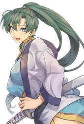 blue_eyes earrings fire_emblem fire_emblem:_the_blazing_blade green_hair jewelry lyn_(fire_emblem) lyndis_(fire_emblem) ponytail shinon_(tokage_shuryou) sword tied_hair weapon