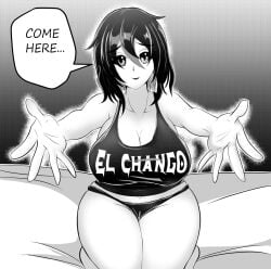 1girls art black_and_white breasts dialogue huge_breasts looking_at_viewer maik_beelzebub monochrome sleeveless smile thick_thighs