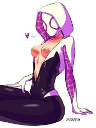 1girls bodysuit breasts breasts_out erogamu female gwen_stacy heart highres hood marvel marvel_comics mask nipples open_bodysuit open_clothes simple_background sitting small_breasts solo spider-gwen spider-man_(series) spider_web_print white_background wide_hips