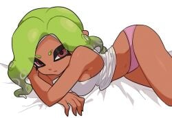 1girls bed_sheet breasts green_hair highres ikki_(gsl_9708) looking_at_viewer nintendo no_pants octoling octoling_girl octoling_player_character panties pink_panties solo splatoon splatoon_(series) splatoon_3 tank_top tentacle_hair underwear white_tank_top