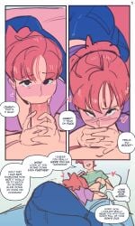 1boy1girl bedroom big_ass big_breasts blowjob blush both_hands_on_cock comic comic_page deepthroat fellatio incest milf mother_and_son not_enough_milk_(artist) original original_character page_4 pov red_hair wide_hips