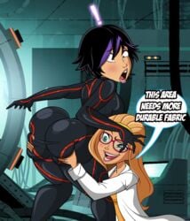 2girls ahe_gao aqua_eyes arched_back ass ass_grab ass_worship bangs bent_over big_ass big_hero_6 black_hair blonde_hair blush bodysuit brown_eyes bubble_butt clothed dat_ass dialog disney eyeshadow eyewear female female_face_near_ass female_only from_behind glasses gogo_tomago green_eyes grimphantom hairband highlights highres honey_lemon huge_ass indoors kneeling laboratory large_ass lips long_hair looking_back marvel open_mouth png short_hair skin_tight smile surprised tan_skin thighs tight_clothing two_tone_hair uncensored wide_eyed wink yuri