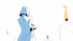 1girls animated ass belt casual clothing completely_nude confident curie_lu dimples_of_venus dressing female grey_background hades_(game) hades_2 human lighting melinoe_(hades) monochrome nonsexual nonsexual_nudity official_animation official_art pale_skin shameless sideboob standing unseen_female_face white_background