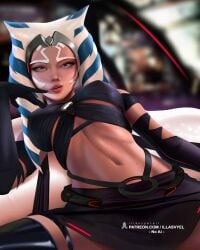 1girls ahsoka_tano athletic_female blue_eyes brown_skin curvy facial_markings female female_only fit_female illasvyel lekku patreon patreon_username solo star_wars star_wars:_the_clone_wars togruta