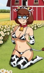 ai_generated ass bigmic145 bra breasts cartoon_network cow_ears cow_girl cow_horns cow_print cow_tail cowbell feet panties red_hair scooby-doo scooby-doo!_mystery_incorporated thighhighs velma_dinkley velma_dinkley_(mystery_incorporated)