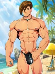 1boy 4kids_entertainment 7angelm ai_generated brandon brandon_(winx_club) brown_hair bulge hand_in_swimsuit male male_only muscular nickelodeon pubic_hair rainbow_(animation_studio) solo speedo_only tropical winx_club