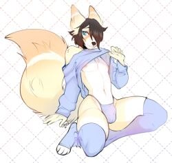 2024 4_toes 5_fingers absurd_res anthro arm_tuft black_nose blue_clothing blue_eyes blue_legwear blue_thigh_highs blue_topwear blue_underwear brown_eyebrows brown_hair bulge cali_(nastycalamari) canid canine chest_tuft clothing digital_media_(artwork) ear_tuft eyebrows feet femboy fingers fluffy fluffy_tail fox fur hair hair_over_eye hi_res leg_tuft legwear male mammal multicolored_body multicolored_ears multicolored_fur multicolored_tail navel nipples pink_nipples pupils shoulder_tuft signature smile solo tail tail_tuft thick_thighs thigh_highs thigh_tuft toes topwear topwear_lift tuft underwear vibestrike white_body white_ears white_fur white_tail yellow_body yellow_ears yellow_fur yellow_tail