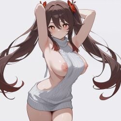 1girls 2d 2d_(artwork) ai_generated areola areolae armpits arms_behind_back arms_up bangs bare_arms bare_breasts bare_thighs big_breasts blush blush_lines breasts brown_hair closed_mouth clothed clothing clothing_aside curvy curvy_body curvy_female curvy_figure eyebrows eyebrows_visible_through_hair eyelashes female female_focus female_only flower flower_in_hair front_view genshin_impact hair hair_between_eyes hair_ornament highres hu_tao_(genshin_impact) light-skinned_female light_skin long_hair looking_at_viewer meetex naked naked_female nipples no_bra open_clothes red_eyes sidelocks simple_background sleeveless sleeveless_sweater solo solo_female solo_focus stable_diffusion standing sweater thick thighs twintails virgin_killer_sweater white_background white_sweater