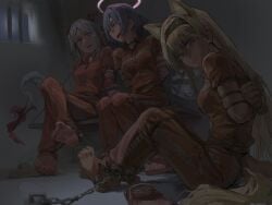 a_tea akafuyu_(arknights) arknights arms_behind_back barefoot blonde_hair blue_eyes blue_hair bondage bondage bondage bound chains highres horn_(arknights) long_hair nian_(arknights) pink_eyes prison prison_cell prison_clothes prisoner restrained short_hair spuria_(arknights) tied_up_(nonsexual) white_hair