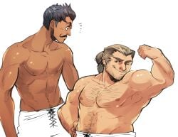 2boys abs amber_eyes bara biceps black_hair chest_hair dark-skinned_male dark_hair dark_skin dorian_pavus dragon_age dragon_age_inquisition duo dwarf ear_piercing earrings flexing flexing_bicep gay_male human light-skinned_male light_skin looking_at_partner looking_at_viewer mage male male_only muscles muscular muscular_male nipples no_visible_genitalia pants pecs piercing ponytail shirtless shirtless_male size_difference smile smiling smooth_armpits smooth_chest standing standing_position straight_male turned_on varric_tethras video_games vivayashio0o