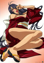 cherry feet ikkitousen japanese_clothes kanu_unchou kimono open_mouth sandals tagme tongue very_long_hair zouri