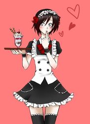<3 1girls blush female hair human leggings maid maid_outfit maid_uniform milkshake ruby_rose rwby simple_background solo tagme