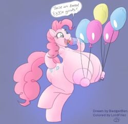 2015 anthro anthrofied areola attached_to_balloon badgerben balloon balloon_fetish big_breasts breasts cupcake dialogue earth_pony english_text equid equine erect_nipples female food friendship_is_magic hasbro horse huge_breasts inflatable lordfriez mammal my_little_pony nipples nude pinkie_pie_(mlp) pony solo speech_bubble text text_emphasis underline