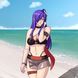 1girls beach blue_sky cleavage fire_emblem fire_emblem_heroes large_breasts nintendo ocean pin_up purple_eyes shez_(female)_(fire_emblem) shez_(female)_(summer)_(fire_emblem) shez_(fire_emblem) sokloeum