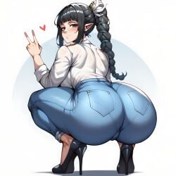 ai_generated baldur's_gate_3 black_hair blue_jeans blunt_bangs braided_ponytail eogard_orc heart_symbol high_heels huge_butt shadowheart simple_background squatting squatting_position stable_diffusion victory_sign