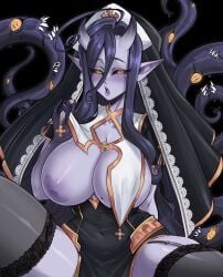 1girls amber_eyes areolae ariagnyx_lovecraft black_background black_sclera breasts female female_only horns indie_virtual_youtuber insouwu inverted_nipples large_breasts mole mole_on_breast monster_girl nipples nun nun_outfit pointy_ears purple-skinned_female purple_body purple_hair purple_skin shoggoth slit_pupils solo tentacle virtual_youtuber