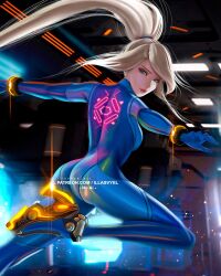 1girls back_view beauty_mark blonde_hair bodysuit female female_focus female_only high_heels illasvyel long_hair looking_at_viewer looking_back metroid nintendo ponytail samus_aran solo solo_female solo_focus tagme thick_thighs thighs zero_suit zero_suit_samus