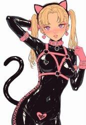 1girls ai_generated bdsm_outfit blonde_hair blush blush cat_ears cat_tail collar female heart heart-shaped_pupils medium_breasts medium_hair nipple_piercing nipples pierced_nipples piercing self_upload spare163 tail twintails