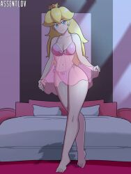 1girls assentlov bed blonde_hair blue_eyes bow_panties breasts crown earrings lingerie long_hair looking_at_viewer mario_(series) medium_breasts midriff navel negligee nintendo panties pink_lingerie pink_negligee pink_panties princess_peach side-tie_panties