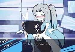 1girls accurate_art_style action_lines angela_(lobotomy_corporation) big_breasts blush breasts closed_eyes decaiien dialogue dialogue_box excessive_lactation female gray_hair keysmash_text labcoat lactating lactation lobotomy_corporation long_hair nipples nipples_bulge nipples_visible_through_clothing ponytail project_moon smirk smirking steam text
