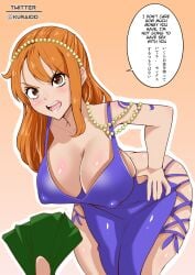 1girls angry big_breasts blush breasts brown_eyes dress embarrassed female huge_breasts kuraido large_breasts male money nami nami_(one_piece) one_piece orange_hair purple_dress solo solo_female tattoo thick_thighs thighs