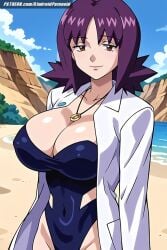 ai_generated aindroidparanoid ass beach big_ass big_breasts big_butt breasts brown_eyes busty cleavage curvy fat_ass female female_only huge_breasts large_breasts mature mature_female milf narrow_waist pokemon pokemon_(species) professor professor_ivy_(pokemon_anime) purple_hair stable_diffusion swimsuit voluptuous waist