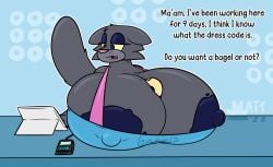 anthro bad_anatomy bagel big_breasts employee employee_uniform feline female grayce_newhire_(mattthetooncat) huge_breasts mattthetooncat nipple_bulge nipple_slip nipples nonchalant tagme talking talking_to_another