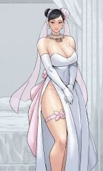 asian asian_female bare_shoulders big_breasts black_hair bride bride_veil chun-li cirenk gloves looking_at_viewer mature_female milf necklace renkciii skirt slim_waist street_fighter thick_thighs tied_hair wedding_dress wedding_lingerie wide_hips