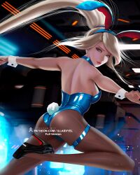 1girls back_view beauty_mark blonde_hair bunny_ears bunny_girl bunny_tail bunnysuit cuffs_(clothing) female female_focus female_only high_heels illasvyel long_hair looking_at_viewer looking_back metroid nintendo pantyhose ponytail samus_aran skindentation solo solo_female solo_focus tagme thick_thighs thigh_strap thighs