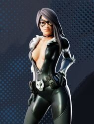 3d black_cat_(cosplay) black_hair black_outfit breasts brown_eyes cat_girl eye_mask face_mask feline fortnite fortnite:_battle_royale hand_on_hip hips long_hair looking_at_viewer looking_seductive marvel marvel_comics maya_(fortnite) neckwear no_bra open_shirt showing_breasts smiling smiling_at_viewer zayd_koz