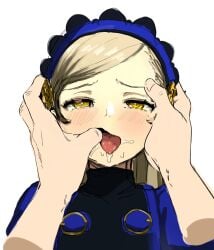 1girls awesomeerix blonde_hair butterfly_hair_ornament drooling fingers_inside_mouth fully_clothed hand_on_cheek haptephilia headband lavenza persona solo tongue yellow_eyes