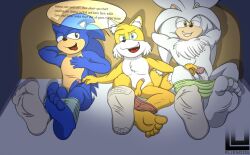 anthro balls bed clothed clothing feet foot_fetish foot_focus foot_play footwear foreskin furniture genitals group looking_at_viewer lu123 male male/male male_feet male_only partially_clothed penis sega silver_the_hedgehog socks soles sonic_(series) sonic_the_hedgehog sonic_the_hedgehog_(series) tails tails_the_fox talking_to_viewer trio underwear underwear_down